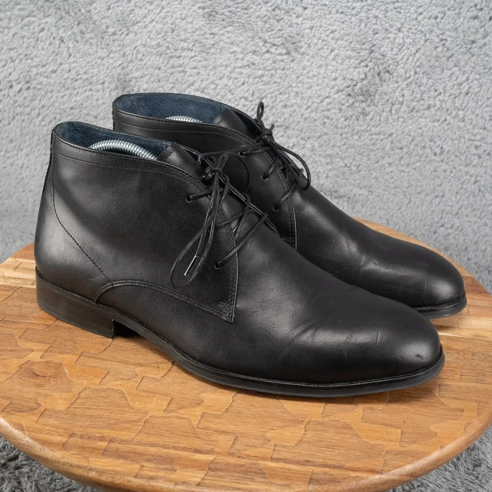 Steve Madden Sutter Ankle Boots Black Leather Round Plain Toe Lace Up Size 9.5 M